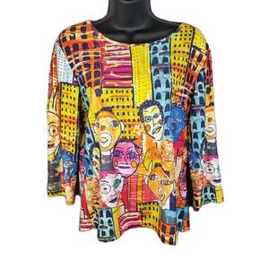 DB Sport Women's L Abstract Faces In The City  3/4 Sleeve Colorful Cotton Shirt